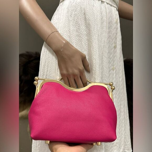 Hot Pink Pebble Leather Handmade Double Kisslock, Metal Frame Handbag Set - Picture 13 of 17